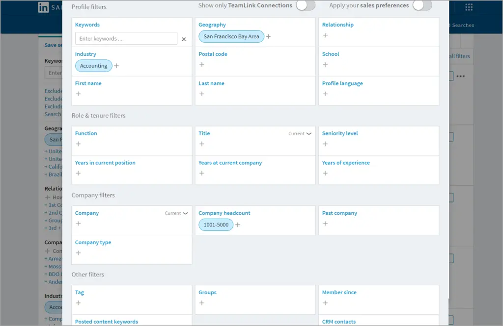 LinkedIn search parameters example.
