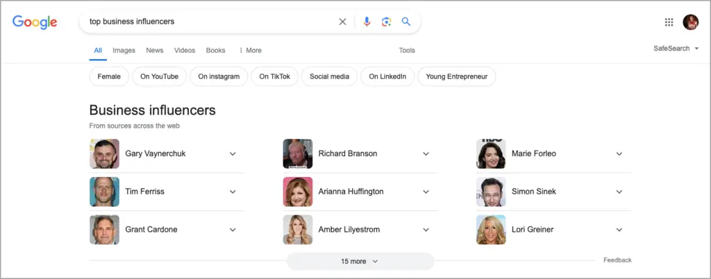 A screenshot showing top business influencers