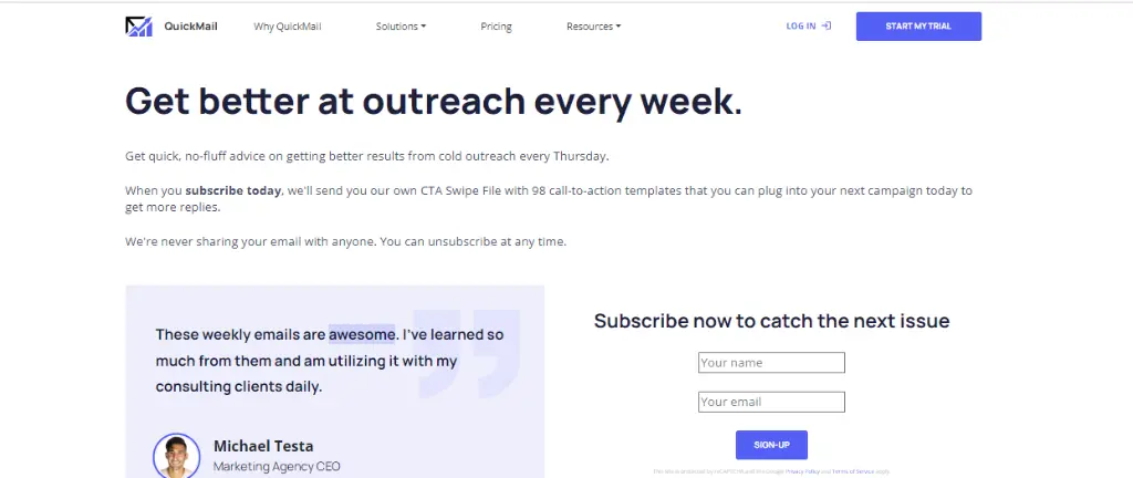 QuickMail Newsletter Page Overview