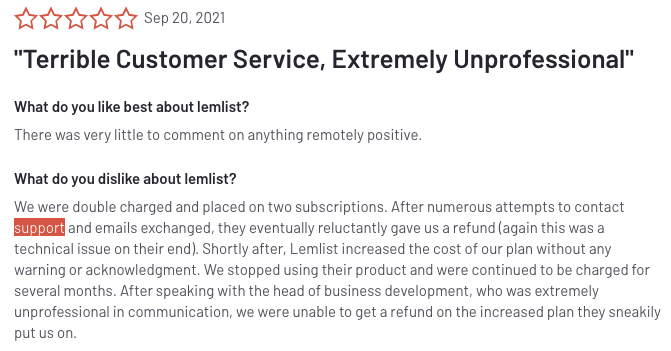 Lemlist users complain about their customer support