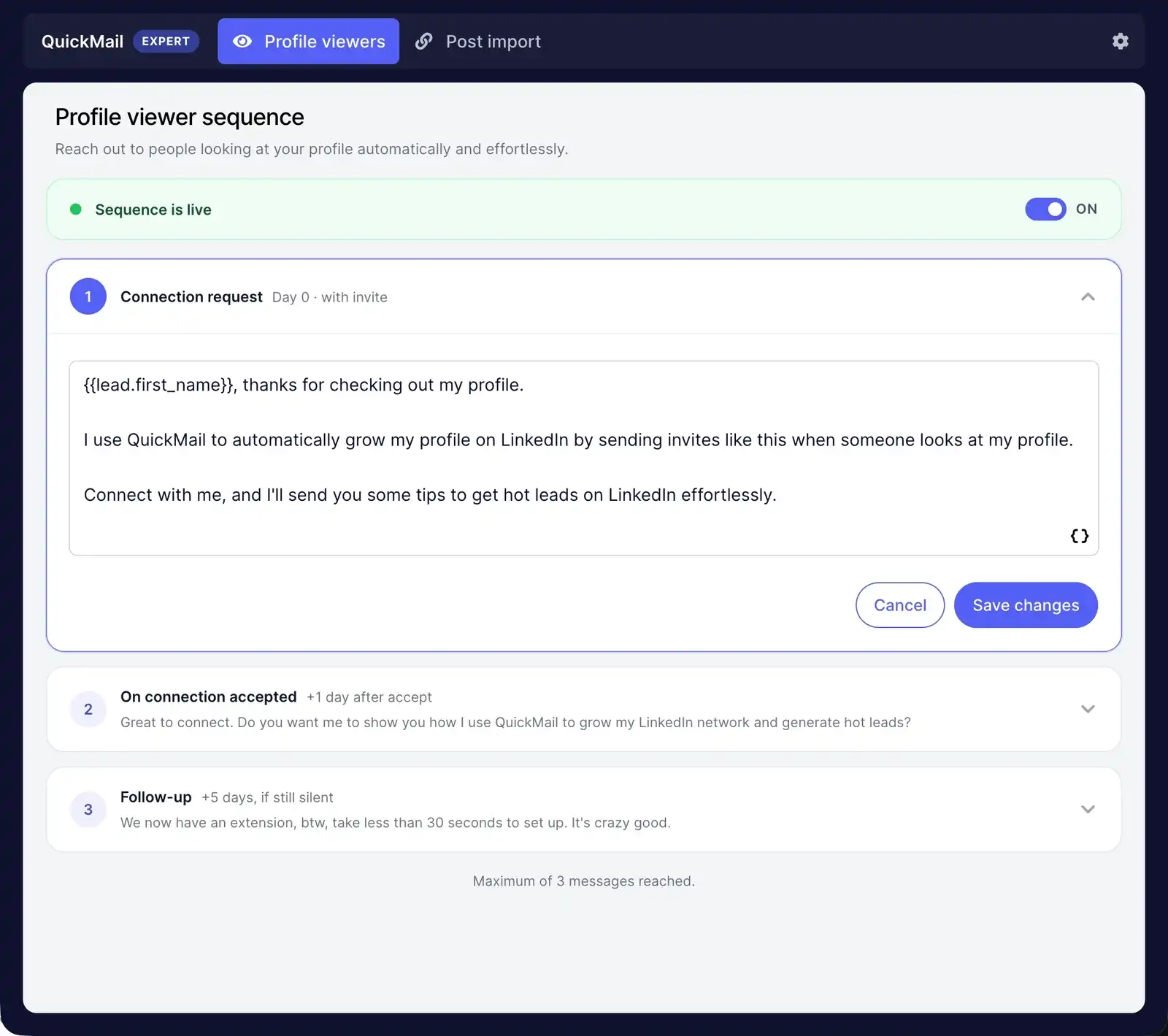 QuickMail dashboard metrics